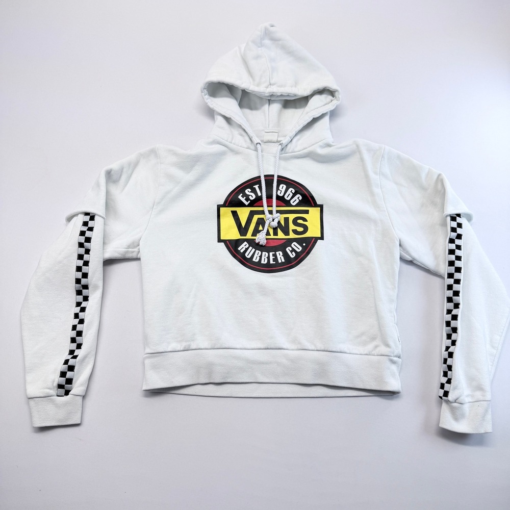 Vans Rubber Co White Cropped Hoodie Cold Shoulder Checkerboard Graphic Large